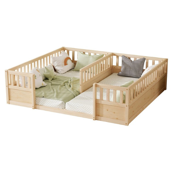 English Elm Double Pine Twin Floor Bed Set for Two Kids with Safety Guardrails and Open Access W504P515819