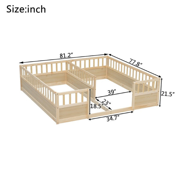 English Elm Double Pine Twin Floor Bed Set for Two Kids with Safety Guardrails and Open Access W504P515819
