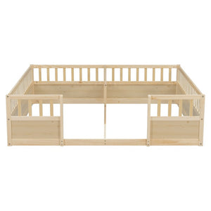 English Elm Double Pine Twin Floor Bed Set for Two Kids with Safety Guardrails and Open Access W504P515819