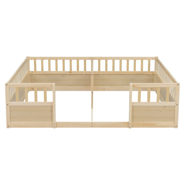 English Elm Double Pine Twin Floor Bed Set for Two Kids with Safety Guardrails and Open Access W504P515819