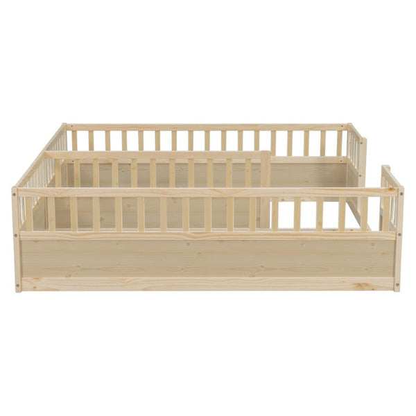 English Elm Double Pine Twin Floor Bed Set for Two Kids with Safety Guardrails and Open Access W504P515819