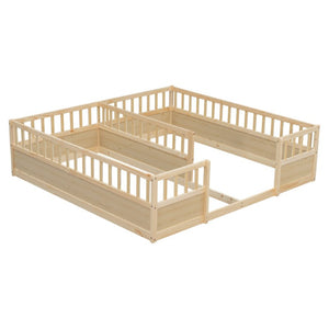 English Elm Double Pine Twin Floor Bed Set for Two Kids with Safety Guardrails and Open Access W504P515819