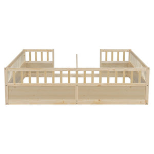 English Elm Double Pine Twin Floor Bed Set for Two Kids with Safety Guardrails and Open Access W504P515819