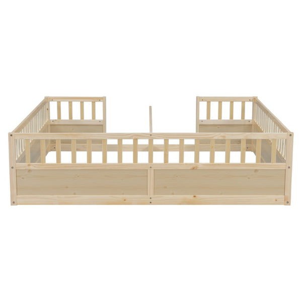 English Elm Double Pine Twin Floor Bed Set for Two Kids with Safety Guardrails and Open Access W504P515819