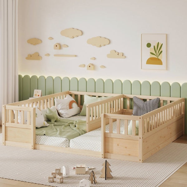 English Elm Double Pine Twin Floor Bed Set for Two Kids with Safety Guardrails and Open Access W504P515819