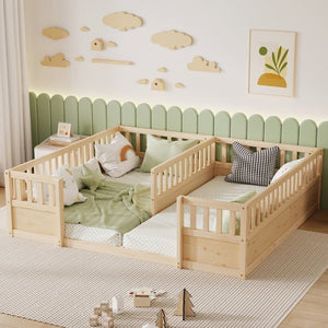 English Elm Double Pine Twin Floor Bed Set for Two Kids with Safety Guardrails and Open Access W504P515819