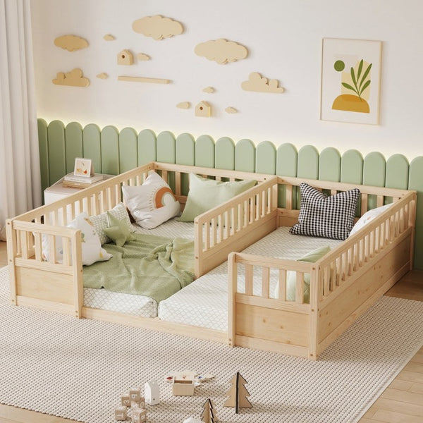 English Elm Double Pine Twin Floor Bed Set for Two Kids with Safety Guardrails and Open Access W504P515819