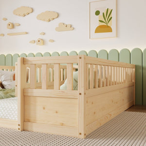 English Elm Double Pine Twin Floor Bed Set for Two Kids with Safety Guardrails and Open Access W504P515819