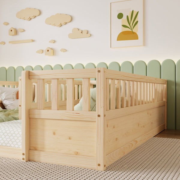 English Elm Double Pine Twin Floor Bed Set for Two Kids with Safety Guardrails and Open Access W504P515819