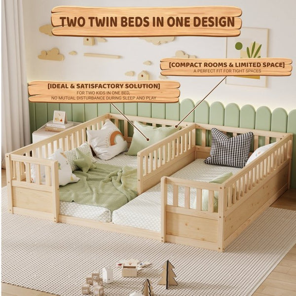 English Elm Double Pine Twin Floor Bed Set for Two Kids with Safety Guardrails and Open Access W504P515819