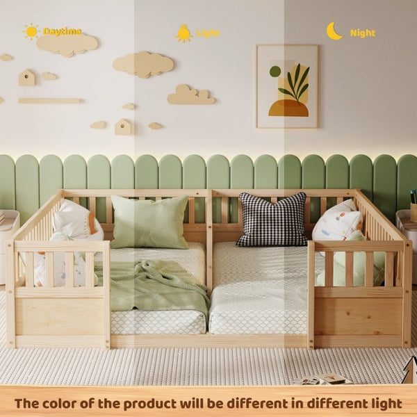 English Elm Double Pine Twin Floor Bed Set for Two Kids with Safety Guardrails and Open Access W504P515819