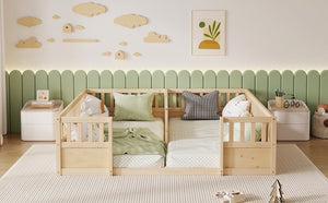 English Elm Double Pine Twin Floor Bed Set for Two Kids with Safety Guardrails and Open Access W504P515819