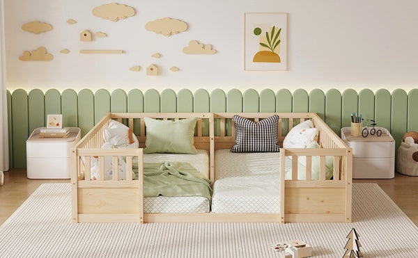 English Elm Double Pine Twin Floor Bed Set for Two Kids with Safety Guardrails and Open Access W504P515819