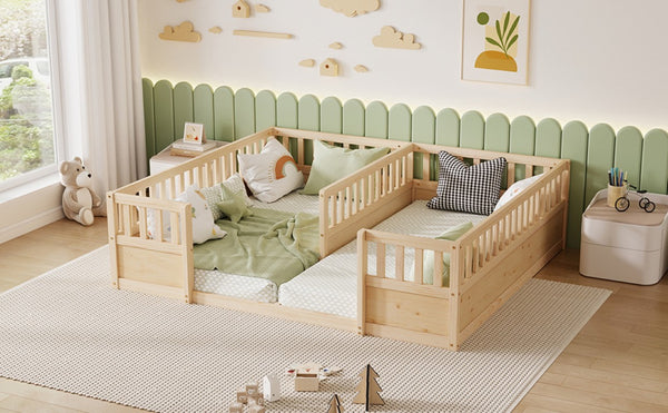 English Elm Double Pine Twin Floor Bed Set for Two Kids with Safety Guardrails and Open Access W504P515819