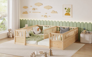 English Elm Double Pine Twin Floor Bed Set for Two Kids with Safety Guardrails and Open Access W504P515819