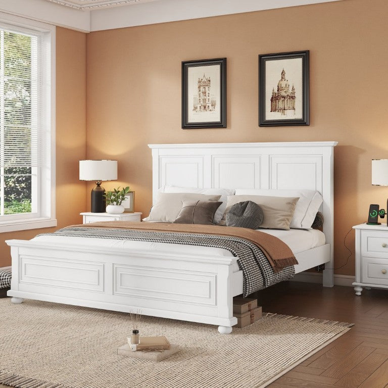 English Elm King Farmhouse Panel Bed Solid Pine Frame USB Charging Ports Eave Crown Headboard White W504S00262