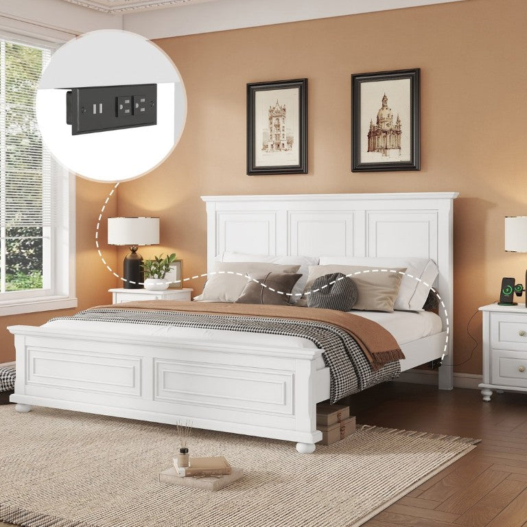 English Elm King Farmhouse Panel Bed Solid Pine Frame USB Charging Ports Eave Crown Headboard White W504S00262