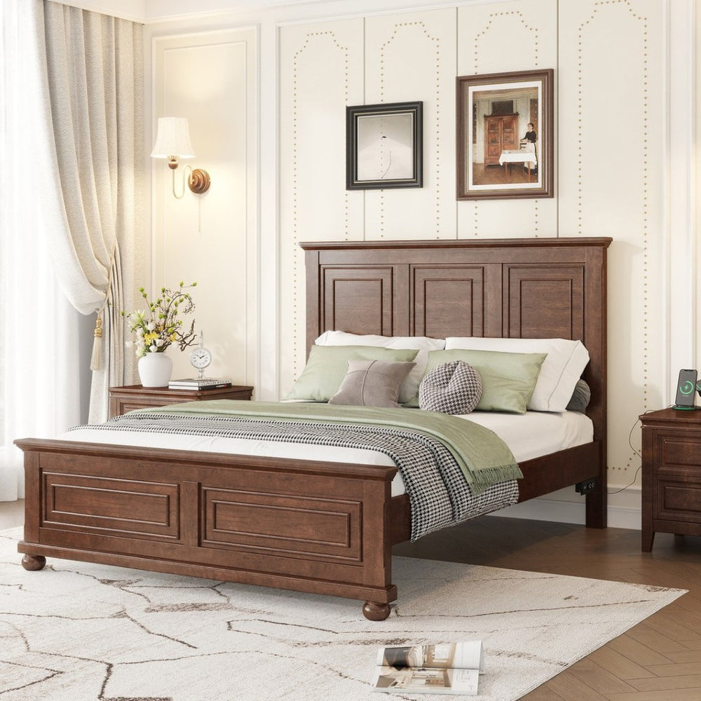 English Elm Queen Farmhouse Panel Bed Tall Headboard Solid Pine Frame with USB Charging Station W504S00279