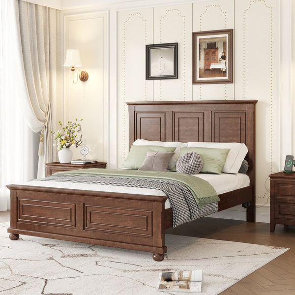 English Elm Queen Farmhouse Panel Bed Tall Headboard Solid Pine Frame with USB Charging Station W504S00279