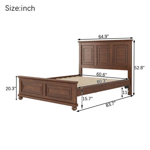 English Elm Queen Farmhouse Panel Bed Tall Headboard Solid Pine Frame with USB Charging Station W504S00279