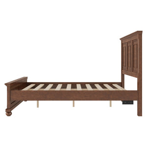 English Elm Queen Farmhouse Panel Bed Tall Headboard Solid Pine Frame with USB Charging Station W504S00279