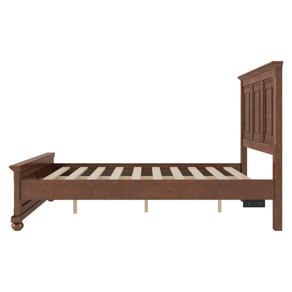 English Elm Queen Farmhouse Panel Bed Tall Headboard Solid Pine Frame with USB Charging Station W504S00279