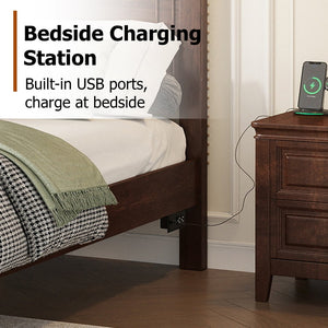 English Elm Queen Farmhouse Panel Bed Tall Headboard Solid Pine Frame with USB Charging Station W504S00279