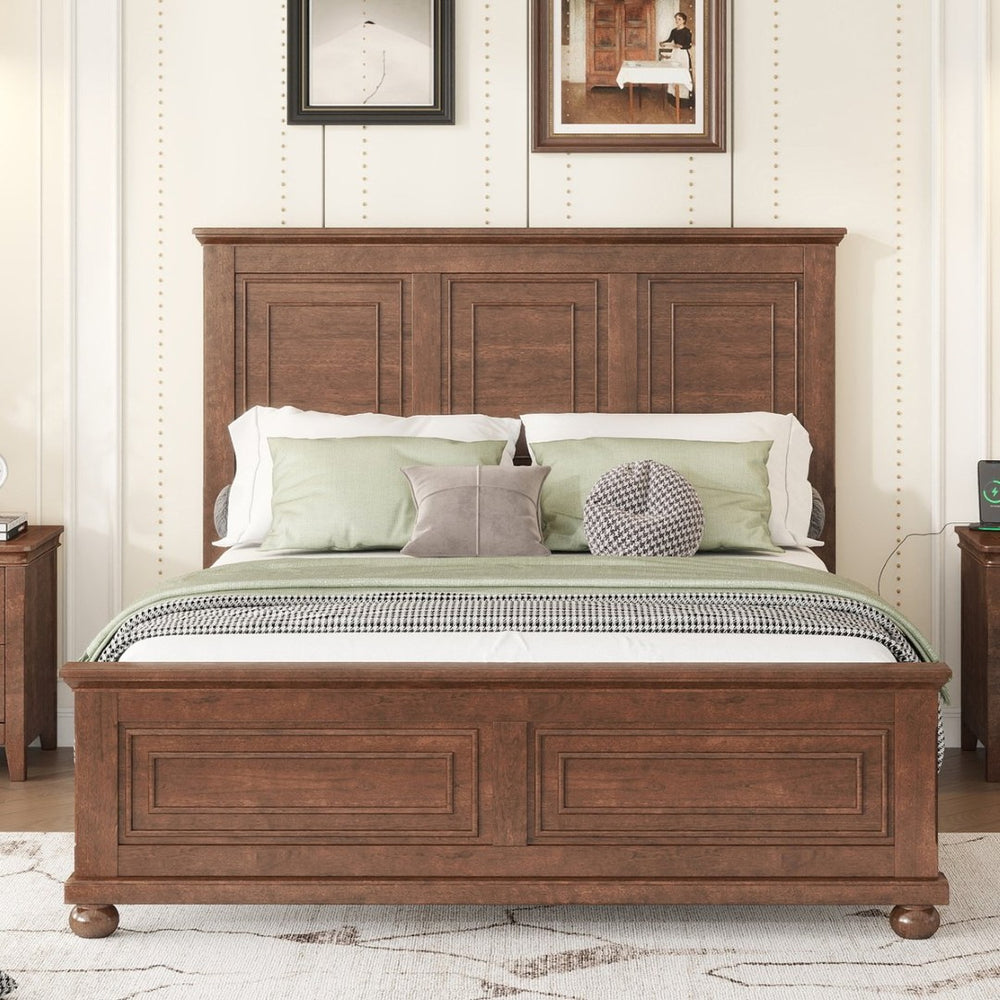 English Elm Queen Farmhouse Panel Bed Tall Headboard Solid Pine Frame with USB Charging Station W504S00279