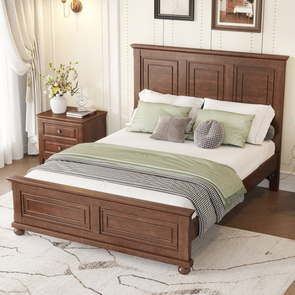English Elm Queen Farmhouse Panel Bed Tall Headboard Solid Pine Frame with USB Charging Station W504S00279