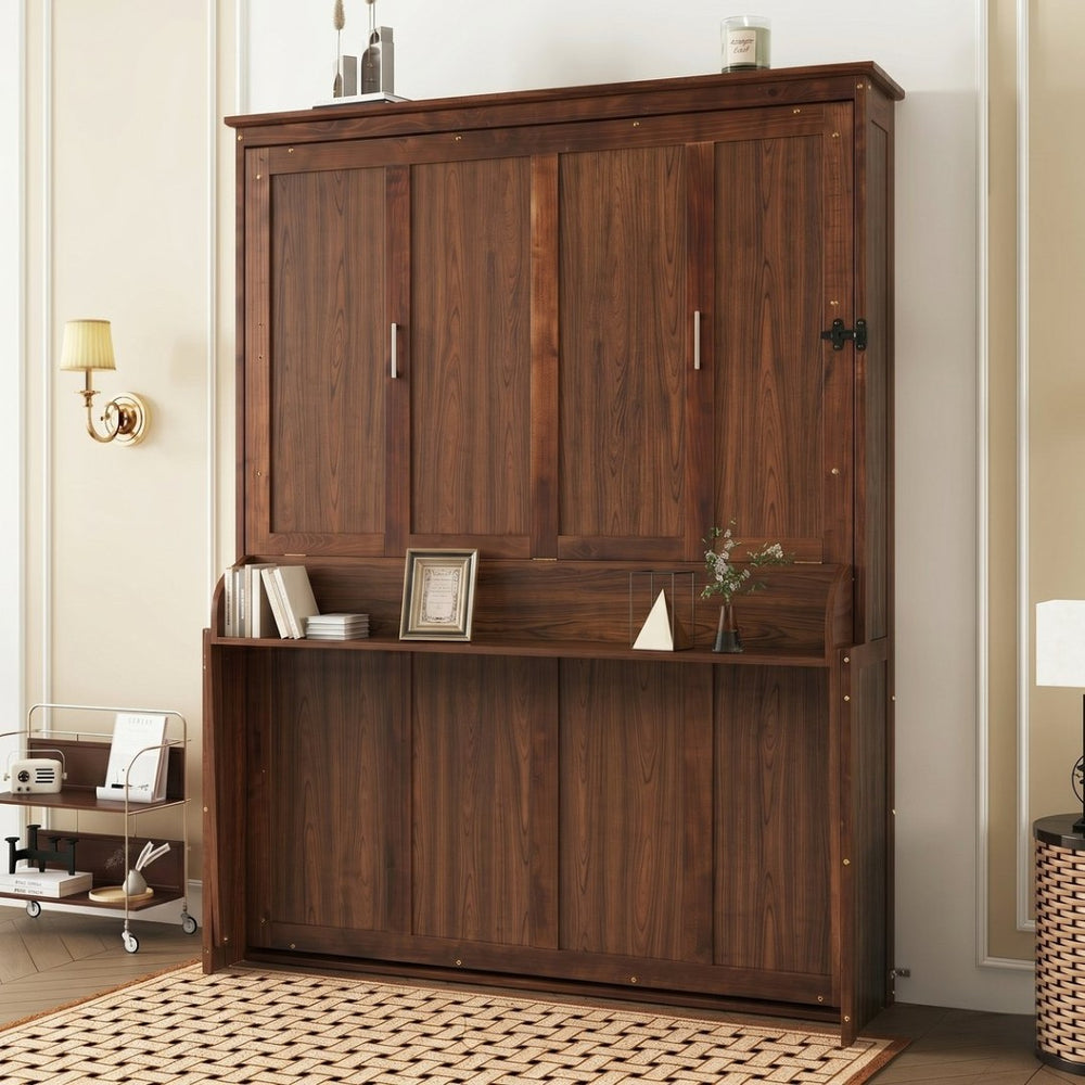 English Elm Queen Murphy Bed Walnut Cabinet with Gas Struts Built-in Shelf and Fold-down Platform W504S00283