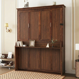 English Elm Queen Murphy Bed Walnut Cabinet with Gas Struts Built-in Shelf and Fold-down Platform W504S00283