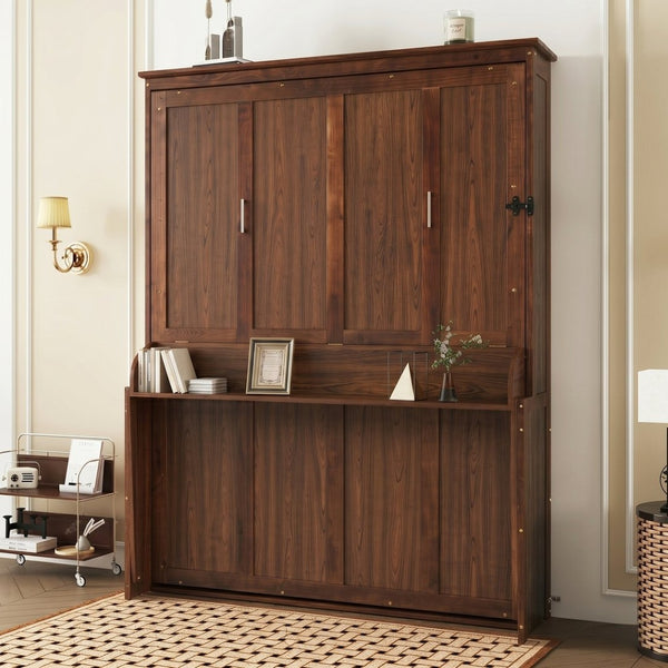 English Elm Queen Murphy Bed Walnut Cabinet with Gas Struts Built-in Shelf and Fold-down Platform W504S00283