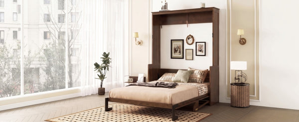 English Elm Queen Murphy Bed Walnut Cabinet with Gas Struts Built-in Shelf and Fold-down Platform W504S00283