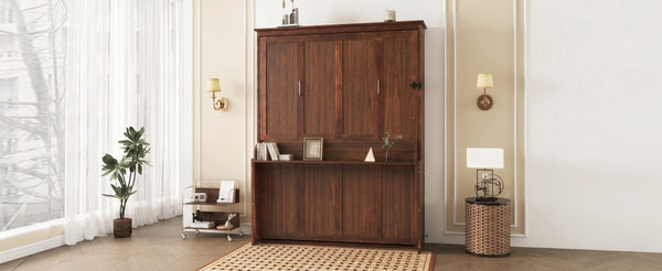 English Elm Queen Murphy Bed Walnut Cabinet with Gas Struts Built-in Shelf and Fold-down Platform W504S00283