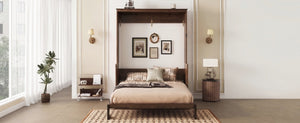 English Elm Queen Murphy Bed Walnut Cabinet with Gas Struts Built-in Shelf and Fold-down Platform W504S00283