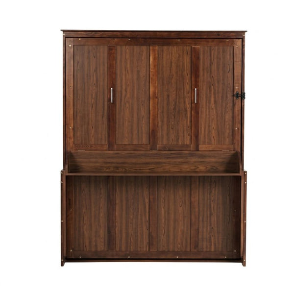 English Elm Queen Murphy Bed Walnut Cabinet with Gas Struts Built-in Shelf and Fold-down Platform W504S00283