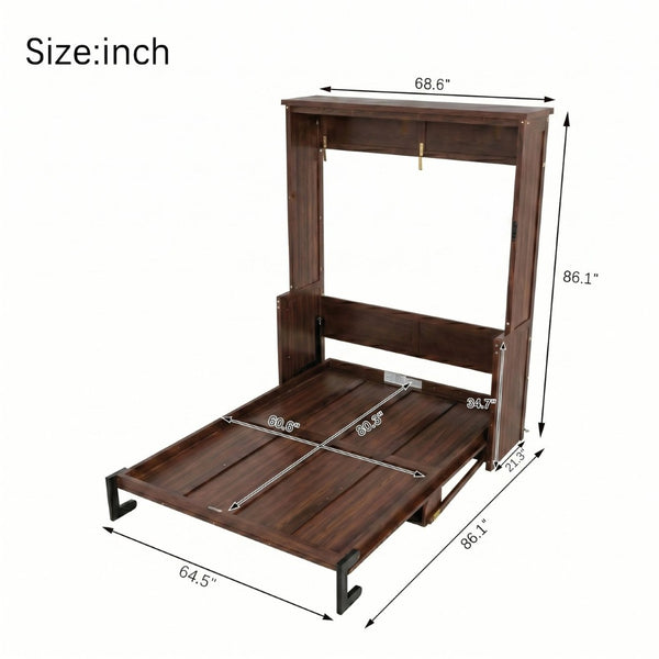 English Elm Queen Murphy Bed Walnut Cabinet with Gas Struts Built-in Shelf and Fold-down Platform W504S00283