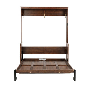 English Elm Queen Murphy Bed Walnut Cabinet with Gas Struts Built-in Shelf and Fold-down Platform W504S00283
