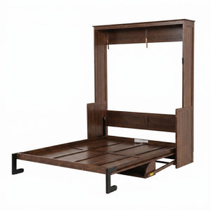 English Elm Queen Murphy Bed Walnut Cabinet with Gas Struts Built-in Shelf and Fold-down Platform W504S00283