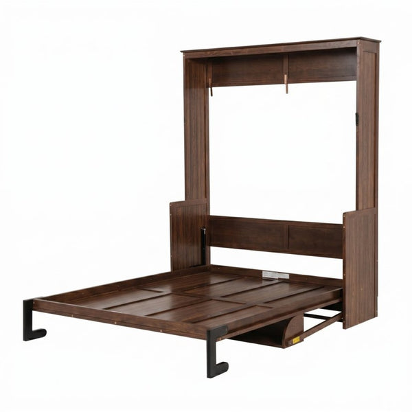 English Elm Queen Murphy Bed Walnut Cabinet with Gas Struts Built-in Shelf and Fold-down Platform W504S00283