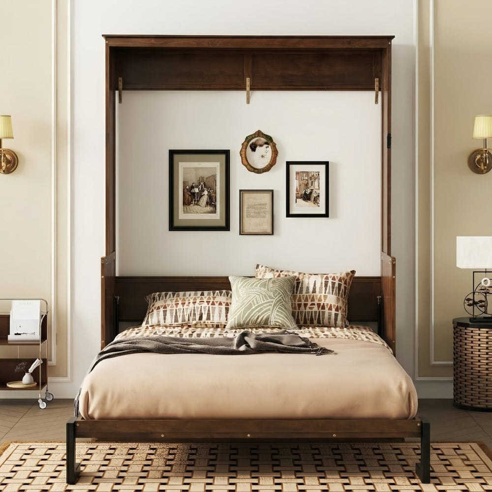 English Elm Queen Murphy Bed Walnut Cabinet with Gas Struts Built-in Shelf and Fold-down Platform W504S00283