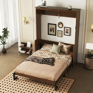 English Elm Queen Murphy Bed Walnut Cabinet with Gas Struts Built-in Shelf and Fold-down Platform W504S00283