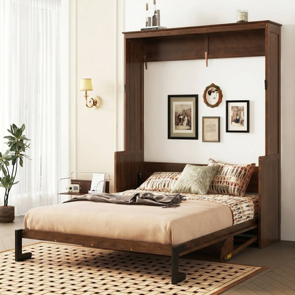 English Elm Queen Murphy Bed Walnut Cabinet with Gas Struts Built-in Shelf and Fold-down Platform W504S00283