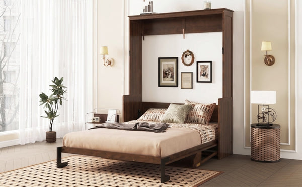 English Elm Queen Murphy Bed Walnut Cabinet with Gas Struts Built-in Shelf and Fold-down Platform W504S00283
