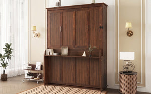 English Elm Queen Murphy Bed Walnut Cabinet with Gas Struts Built-in Shelf and Fold-down Platform W504S00283