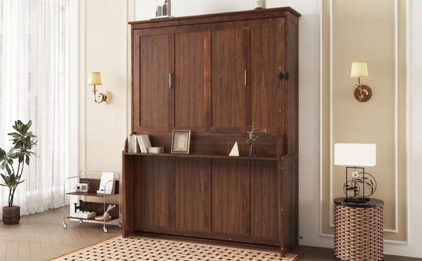 English Elm Queen Murphy Bed Walnut Cabinet with Gas Struts Built-in Shelf and Fold-down Platform W504S00283