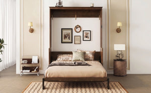 English Elm Queen Murphy Bed Walnut Cabinet with Gas Struts Built-in Shelf and Fold-down Platform W504S00283