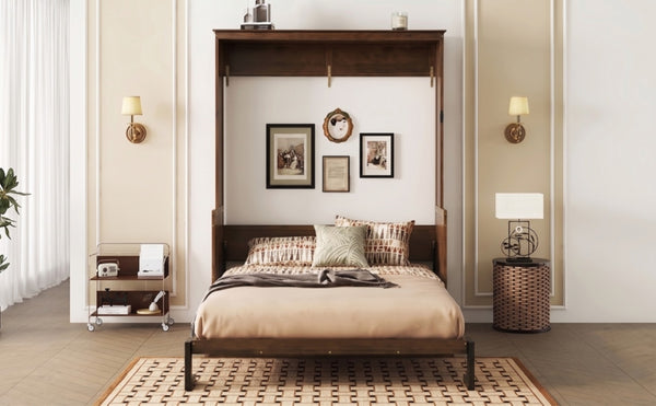 English Elm Queen Murphy Bed Walnut Cabinet with Gas Struts Built-in Shelf and Fold-down Platform W504S00283