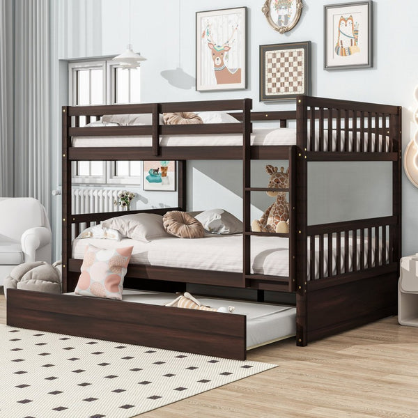 English Elm Full Over Rubberwood Bunk Bed with Trundle Converts to Two Beds Espresso Finish W504S00294