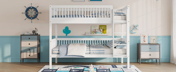 English Elm Twin Over Rubberwood Bunk Bed with Pull-Out Trundle for Kids Shared Rooms White Bunk Bed Standard W504S00299